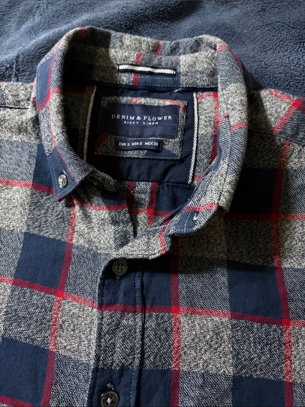 Denim & Flower Men’s Navy, Gray and Red Plaid Button-Down Shirt